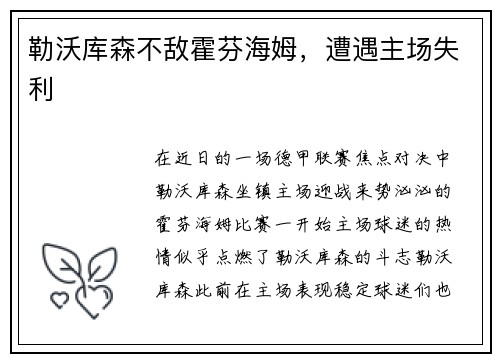 勒沃库森不敌霍芬海姆，遭遇主场失利